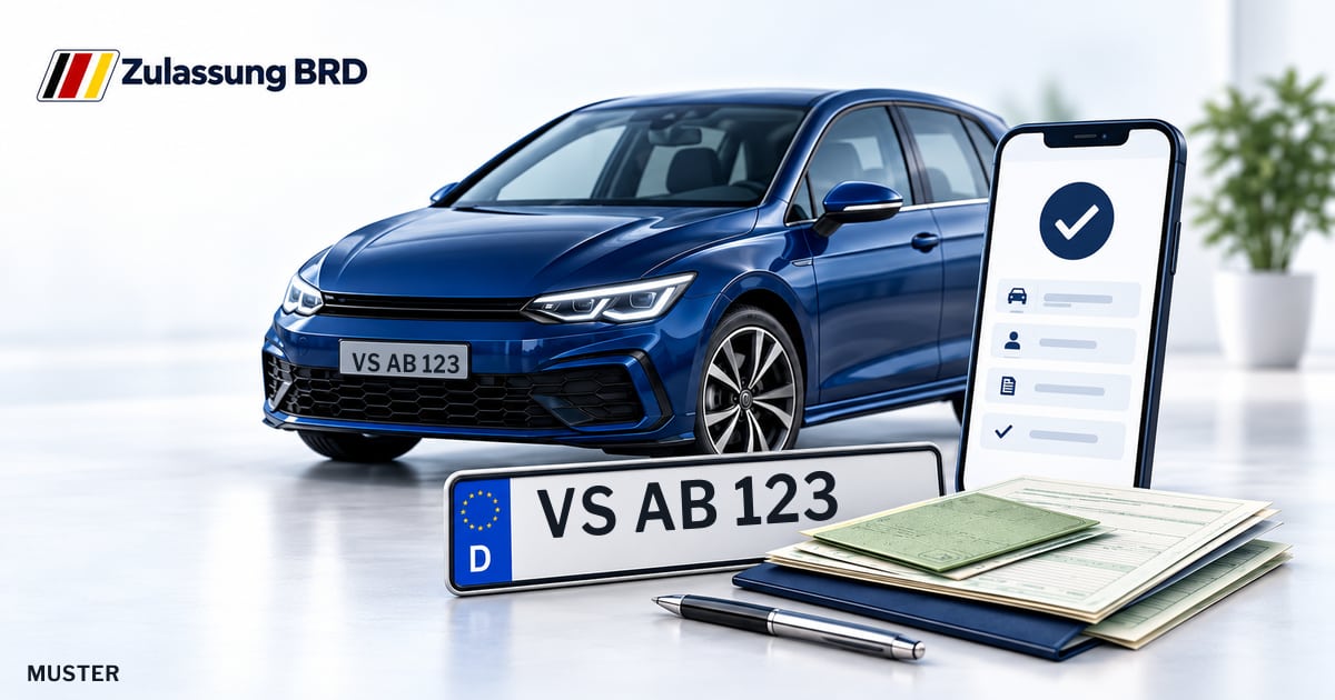 Online Fahrzeugzulassung in Villingen-Schwenningen: Musterkennzeichen VS AB 123, Auto und Fahrzeugpapiere und Smartphone. Illustration mit Logo von Zulassung BRD.